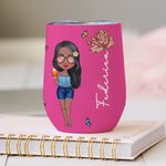 Bicchiere da 355ml personalizzato con nome fiore di nascita e personaggio in stile cartone animato regalo di compleanno matrimonio o festa per donne