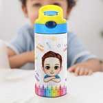 Gepersonaliseerde Cartoon Kid Childlike Doodles 12 oz geïsoleerde waterfles met naam initiaal en rietje terug naar school verjaardagscadeau voor jongens meisjes