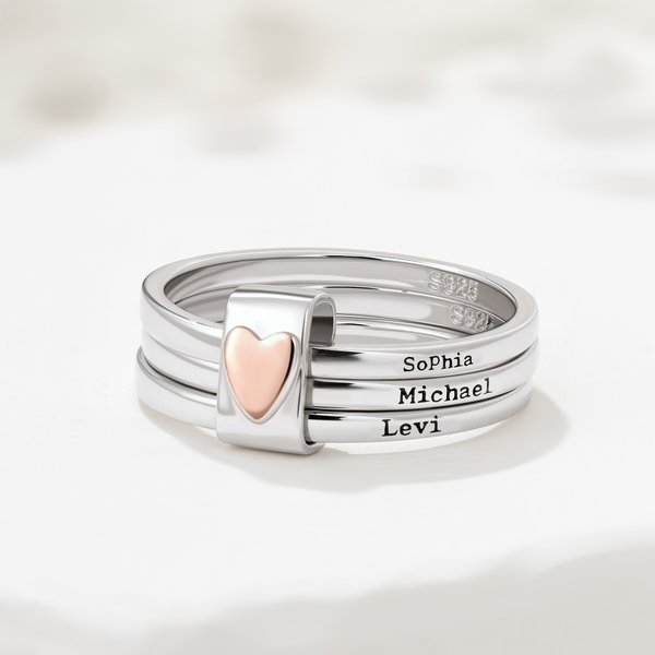 Personalized Sterling Silver Heart Women Stacking Rings with Engraved 2-5 Names Family Jewelry Mother's Day Birthday Gift for Mom Grandma