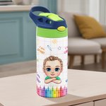 Gepersonaliseerde Cartoon Kid Childlike Doodles 12 oz geïsoleerde waterfles met naam initiaal en rietje terug naar school verjaardagscadeau voor jongens meisjes