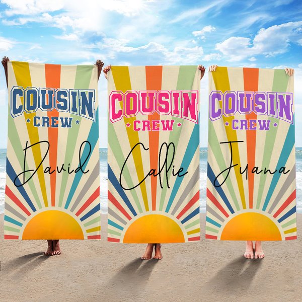 Toalla de playa personalizada para Cousin Crew estilo vintage con rayos de sol y nombre de secado rápido regalo de cumpleaños para la familia
