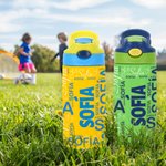 Botella de agua personalizada con nombre y pajita de silicona 355 ml regalo del Día del Niño o la vuelta al cole para niños