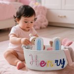 Personalized Cute Bunny Ears 100% Cotton Woven Storage Basket with Name Holiday Birthday Baby Shower Gift for Baby Kid