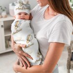 Personalised Airplane Hot Air Balloon Cloud Swaddle Blanket and Knot Hat Set with Name Birthday Baby Shower Gift for Newborns Babies