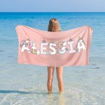 Asciugamano da spiaggia personalizzato con nome in carattere fantasy con unicorni e arcobaleni ad asciugatura rapida regalo estivo per bambini
