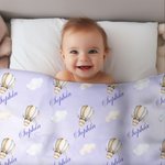 Personalised Airplane Hot Air Balloon Cloud Swaddle Blanket and Knot Hat Set with Name Birthday Baby Shower Gift for Newborns Babies