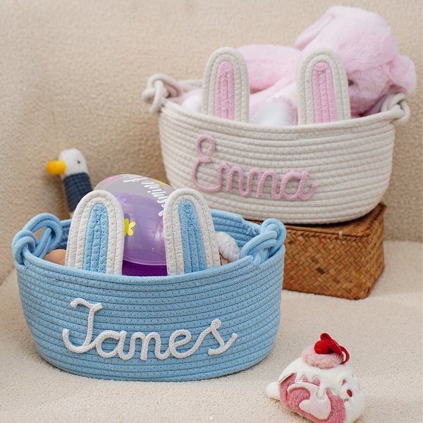Gepersonaliseerde schattige konijn oren 100% katoen geweven opbergmand met naam Vakantie Verjaardag Baby Shower Gift voor Baby Kid