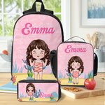 Personalised Cute Cartoon Characters Multicolour Backpack Lunch Bag Pencil Case Set with Name Back to School Birthday Gift for Boys Girls