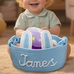Personalized Cute Bunny Ears 100% Cotton Woven Storage Basket with Name Holiday Birthday Baby Shower Gift for Baby Kid