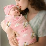 Personalised Airplane Hot Air Balloon Cloud Swaddle Blanket and Knot Hat Set with Name Birthday Baby Shower Gift for Newborns Babies