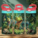 Bouteille d'eau isotherme personnalisée Dinosaure Fantaisie Licorne 12 oz avec poignée nominative et paille en silicone Cadeau d'anniversaire et de rentrée scolaire pour enfants
