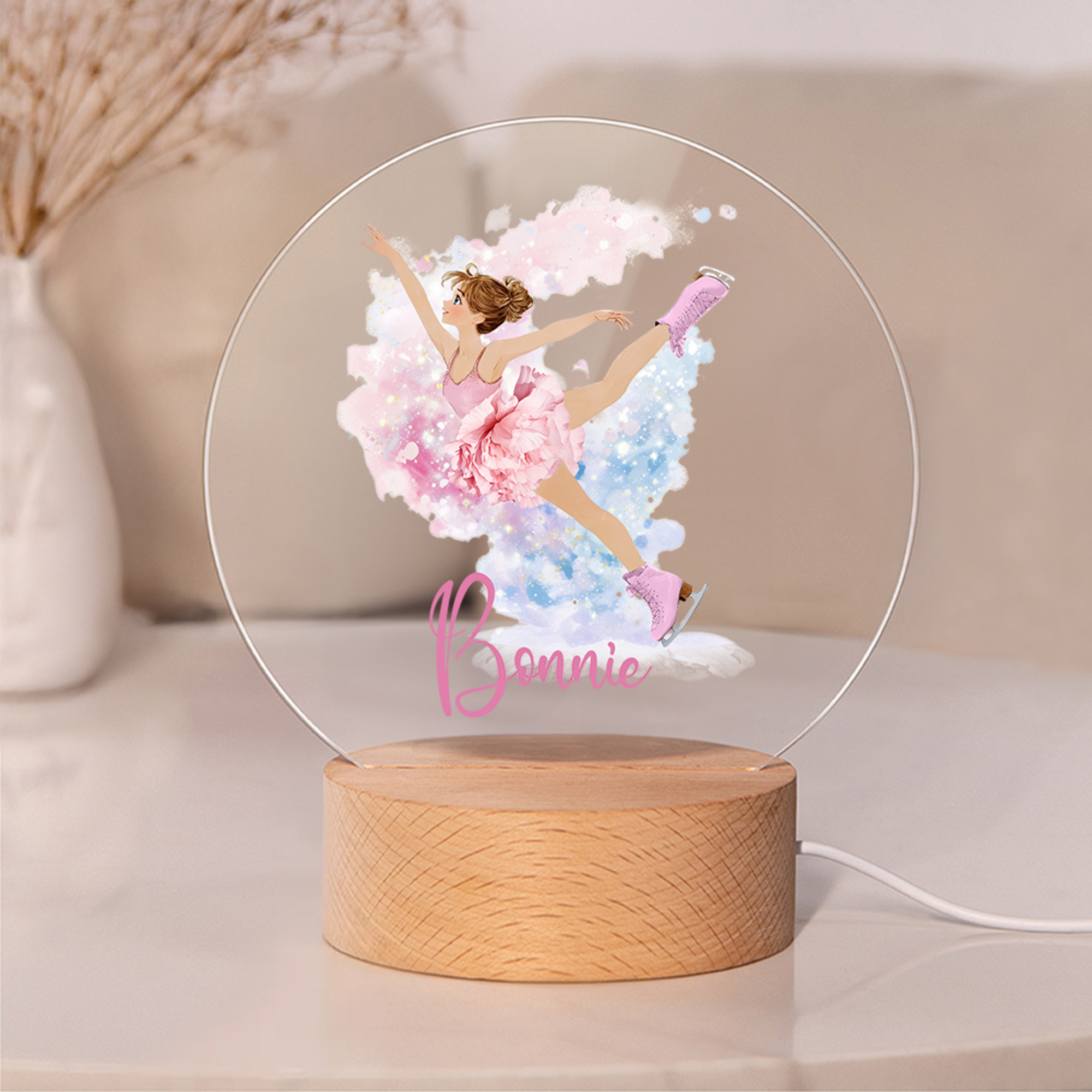 Veilleuse LED en acrylique avec base en bois et nom Cadeau d'anniversaire pour une fille aimant le patin.