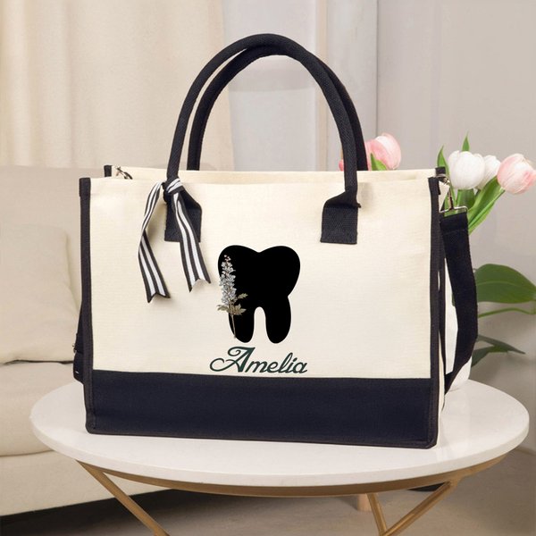 Personalized Birth Flower Tooth Black and White Large Canvas Tote Bag with Name Birthday Appreciation Gift for Women Dentists