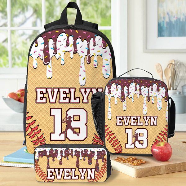 Personalized Ice Cream Dripping Baseball Sports Backpack Lunch Bag Pencil Case Set with Name and Number Back to School Gift for Kids Students