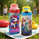 Bouteille d'eau isotherme personnalisée Dinosaure Fantaisie Licorne 12 oz avec poignée nominative et paille en silicone Cadeau d'anniversaire et de rentrée scolaire pour enfants