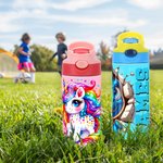 Personalisierte Dinosaurier Fantasy Einhorn Name 12 oz Kind isolierte Wasserflasche mit Griff und Silikon Stroh Geburtstag zurück zu Schule Geschenk für Junge Mädchen