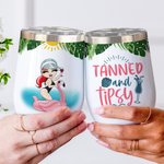 Personalized Cartoon Pool Girl Tanned and Tipsy 12 oz Wine Tumbler with Name Funny Summer Vacation Holiday Birthday Gift for Women