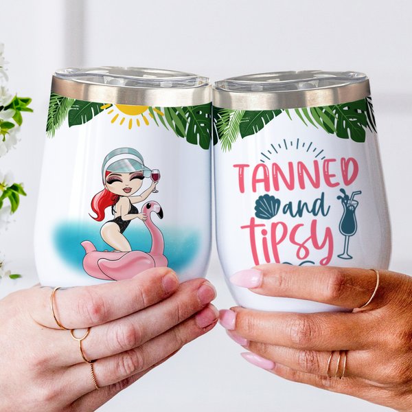 Personalised Cartoon Pool Girl Tanned and Tipsy 12 oz Wine Tumbler with Name Funny Summer Holiday Holiday Birthday Gift for Women