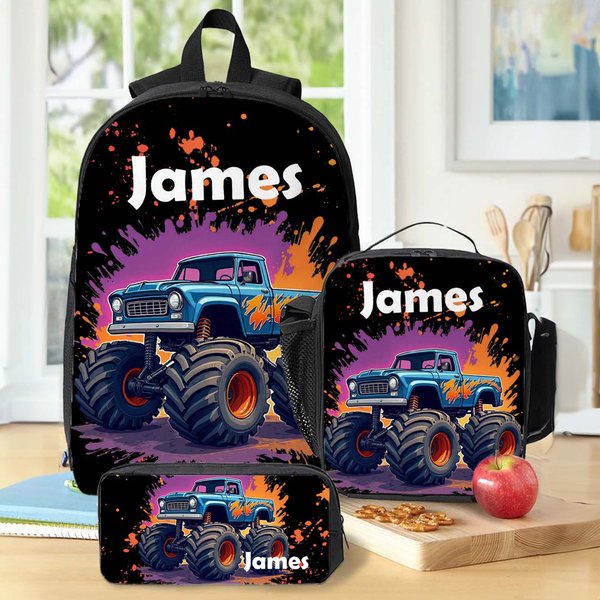 Personalised Watercolour Cartoon Lorrys Backpack Lunch Bag Pencil Case Set with Name Back to School Birthday Gift for Boys Girls Students