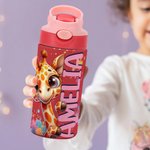 Personalized Cute Watercolor Animal 12 oz Kid Insulated Name Water Bottle with Handle and Silicone Straw Birthday Back to School Gift for Boys Girls