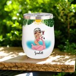 Personalized Cartoon Pool Girl Tanned and Tipsy 12 oz Wine Tumbler with Name Funny Summer Vacation Holiday Birthday Gift for Women