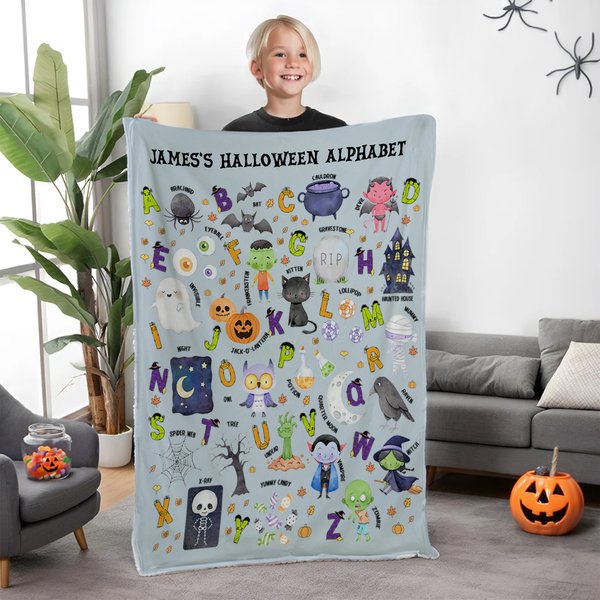 Divertente coperta di Halloween personalizzata con nome, decorazione per la casa, regalo di Halloween educativo per bambini e ragazzi.