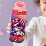 Bouteille d'eau isotherme personnalisée Dinosaure Fantaisie Licorne 12 oz avec poignée nominative et paille en silicone Cadeau d'anniversaire et de rentrée scolaire pour enfants