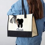 Personalized Birth Flower Tooth Black and White Large Canvas Tote Bag with Name Birthday Appreciation Gift for Women Dentists