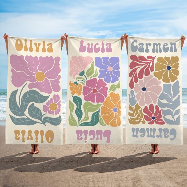 Toalla de playa personalizada con diseño floral retro y nombre estilo bohemio de secado rápido regalo de cumpleaños y fiestas para chicas y mujeres
