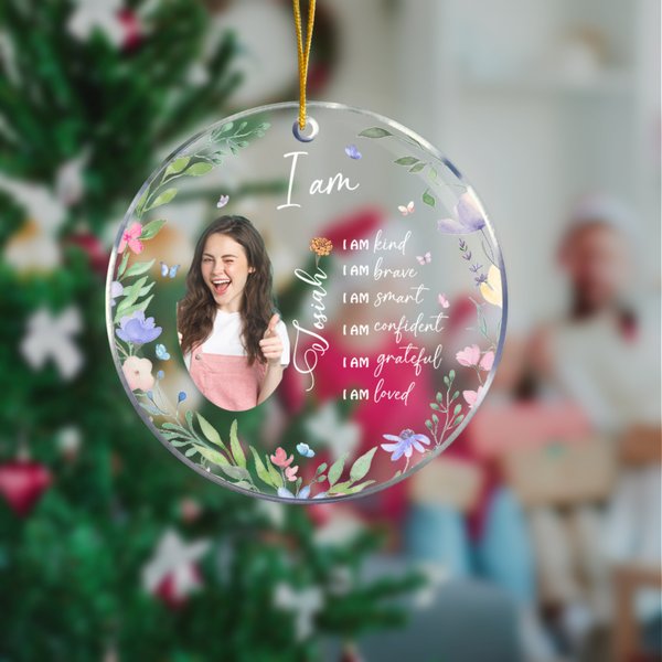 Personalized Birth Flower Photo Acrylic Ornament with Name Tree Decoration Christmas Birthday Gift for Family Friend