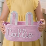 Personalized Cute Bunny Ears 100% Cotton Woven Storage Basket with Name Holiday Birthday Baby Shower Gift for Baby Kid