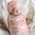 Personalised Airplane Hot Air Balloon Cloud Swaddle Blanket and Knot Hat Set with Name Birthday Baby Shower Gift for Newborns Babies