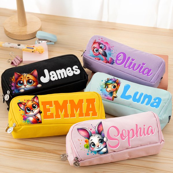 Personalisierte niedliche Cartoon Tier dreilagige Federtasche Tasche mit Namen Schule Versorgung zurück zur Schule Geburtstag Geschenk für Jungen Mädchen