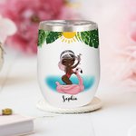 Personalized Cartoon Pool Girl Tanned and Tipsy 12 oz Wine Tumbler with Name Funny Summer Vacation Holiday Birthday Gift for Women