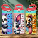 Personalized Cute Watercolor Animal 12 oz Kid Insulated Name Water Bottle with Handle and Silicone Straw Birthday Back to School Gift for Boys Girls