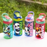 Gepersonaliseerde Forest Cartoon Dieren 16 oz Kid Water Bottle met naam en siliconen rietje terug naar school Verjaardagscadeau voor jongens meisjes