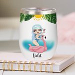 Personalized Cartoon Pool Girl Tanned and Tipsy 12 oz Wine Tumbler with Name Funny Summer Vacation Holiday Birthday Gift for Women