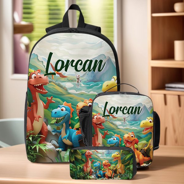 Personalized Cartoon Dinosaur Fantasy Unicorn Backpack Lunch Bag Pencil Case Set with Name Back to School Birthday Gift for Boys Girls