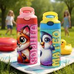 Personalized Cute Watercolor Animal 12 oz Kid Insulated Name Water Bottle with Handle and Silicone Straw Birthday Back to School Gift for Boys Girls