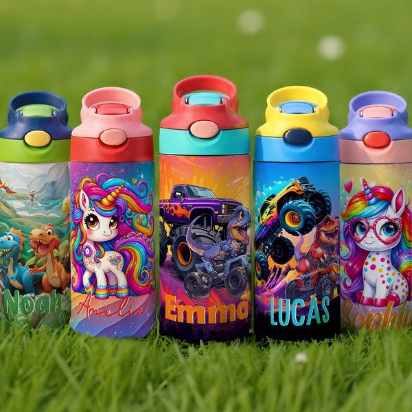 Personalisierte Dinosaurier Fantasy Einhorn 12 oz isoliert Kind Wasserflasche mit Namen Griff und Silikon Stroh Geburtstag zurück zu Schule Geschenk für Kinder