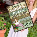 Henkilökohtainen Garden Rules Cartoon Character Vertical Metal merkki nimi Garden Decor syntymäpäivä Housewarming lahja perheelle puutarhanhoito ystäville