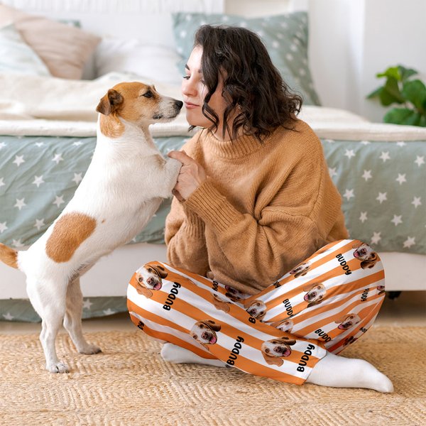 Personalized Dog Cat Face Photo Multicolor Striped Pajama Pants with Name Drawstring Waist Birthday Anniversary Gift for Women Men Pet Lovers