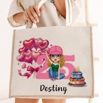 Personalisierte Ballon Kuchen Cartoon Charakter große Jute Tote Tasche mit Namen und Alter Geburtstag Reisen Einkaufsgeschenk für Mädchen Frauen