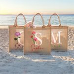 Personalizada Reutilizable Nacimiento Flor Grande Bolsa de Yute con Inicial y Nombre Cumpleaños Fiesta de Boda Regalo para Mujeres