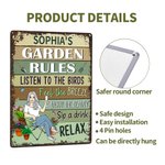 Henkilökohtainen Garden Rules Cartoon Character Vertical Metal merkki nimi Garden Decor syntymäpäivä Housewarming lahja perheelle puutarhanhoito ystäville