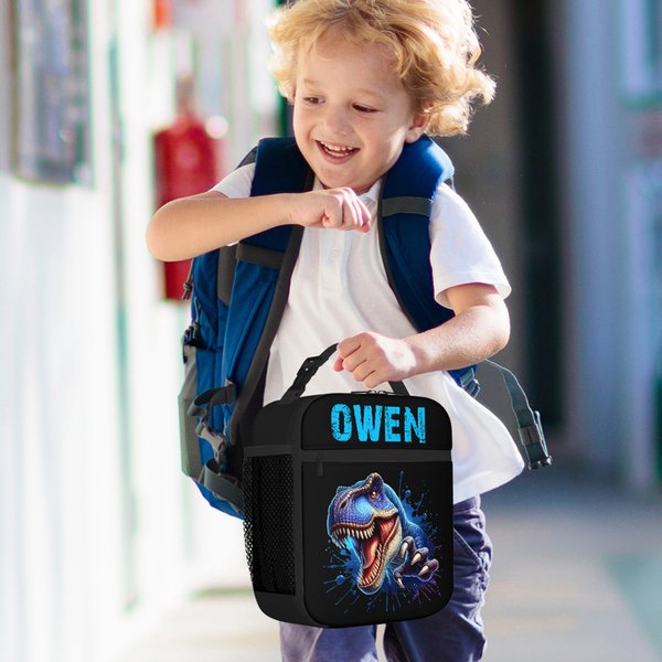 Personalized Rendered Dinosaur Pattern Multicolor Insulated Lunch Bag with Name Daily Travel Essential Back to School Birthday Gift for Boys Girls