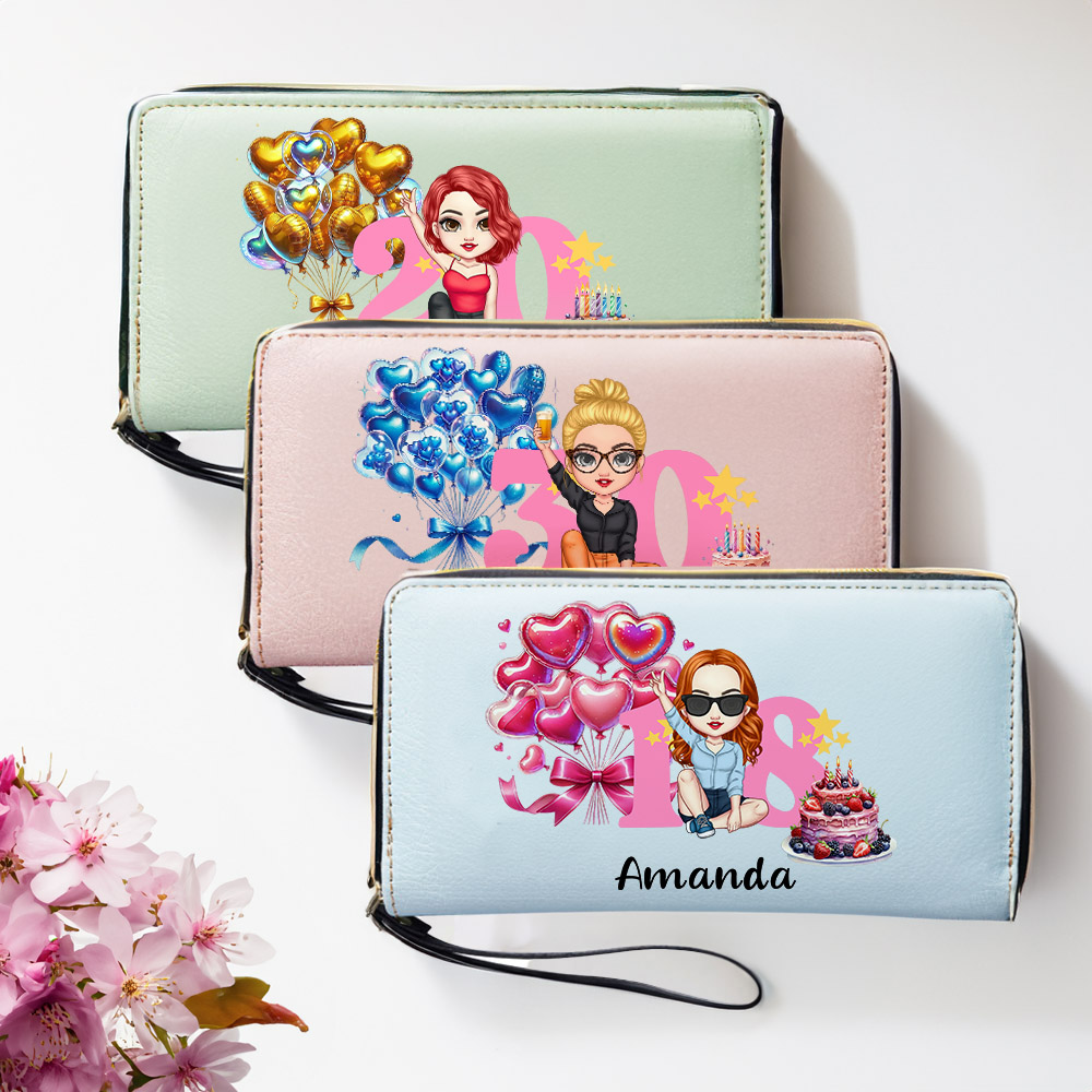 Portefeuille à fermeture éclair en cuir PU avec numéro de nom et dragonne Cadeau d'anniversaire personnalisé pour les filles et les femmes