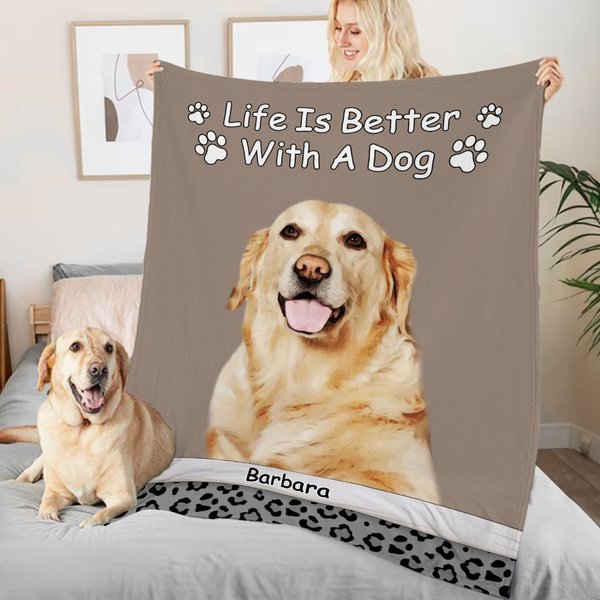 Personalised Life Is Better Leopard Pet Photo Soft Throw Blanket with Name Home Decor Christmas Birthday Gift for Pet Lovers