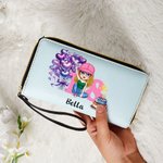 Personalized Birthday Cake Balloon Cartoon Girl PU Leather Zipper Wallet with Name Number and Wrist Strap Birthday Anniversary Gift for Girls Women