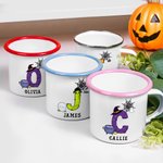 Personalized Witch Frank Pumpkin Initial 12 oz Colorful Rim Enamel Mug with Name Party Daily Use Halloween Holiday Gift for Boys Girls